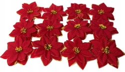 Sztuczna Główka Kwiatu Poinsecji Welwet Czerwona Brokatowa 12 Sztuk Gwiazdy Betlejemskiej