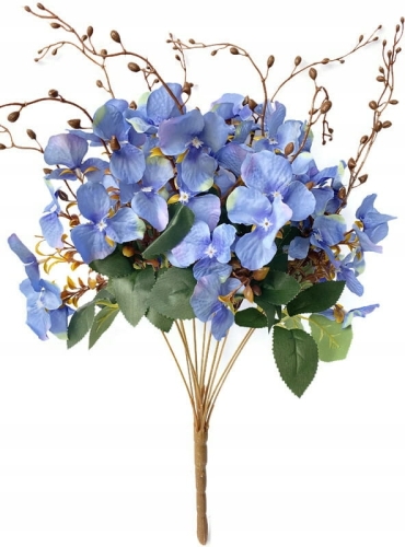 Bukiet Hortensji Niebieskich 11 Gałązek Kompozycja Sztucznych Kwiatów Do Wazonu i Wnętrz