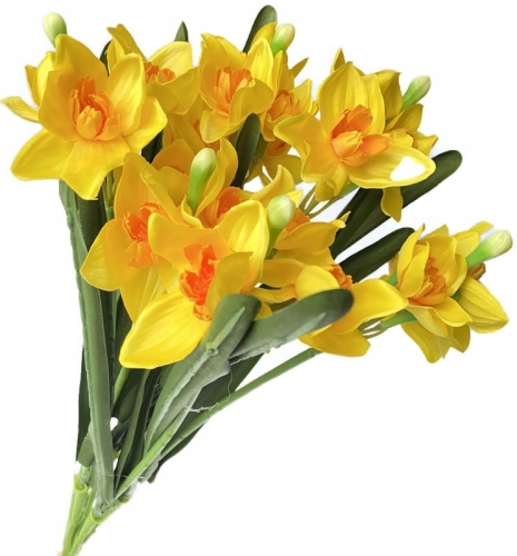 Sztuczny Bukiet Kwiatów Żonkil Pomarańczowy Premium 7 Gałązek Dekoracja Na Wielkanoc Wiosna