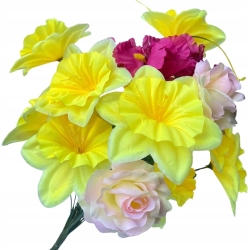 Sztuczny Bukiet Kwiatów Róża Żonkil Irys 18 Gałązek Kompozycja Wiosenna