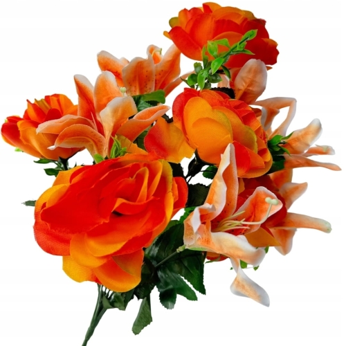 Róża Lilia Bukiet 11 Gałązek Pomarańczowy Dekoracja Stroik Wazon Sztuczne Kwiaty Wazon