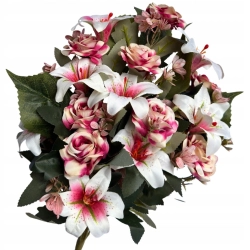 Sztuczne Kwiaty Róża Lilia Bukiet 18 Gałązek Bukiecik Palemka Ozdoba Do Wazonu